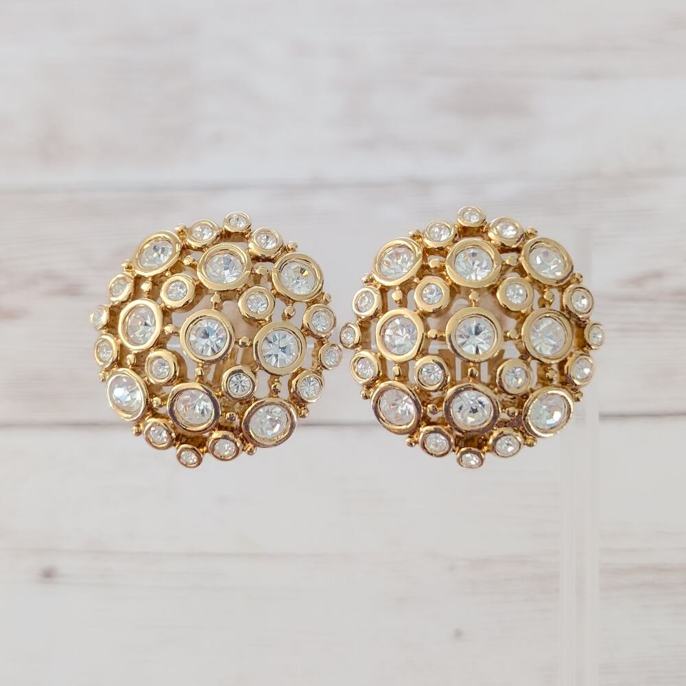Vintage Clip On Earrings Stunning Statement Gold Tone & Clear Gem Very Large